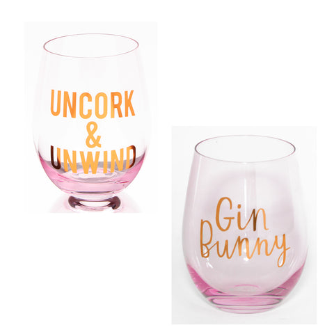 Stemless Glasses with Gold Slogan